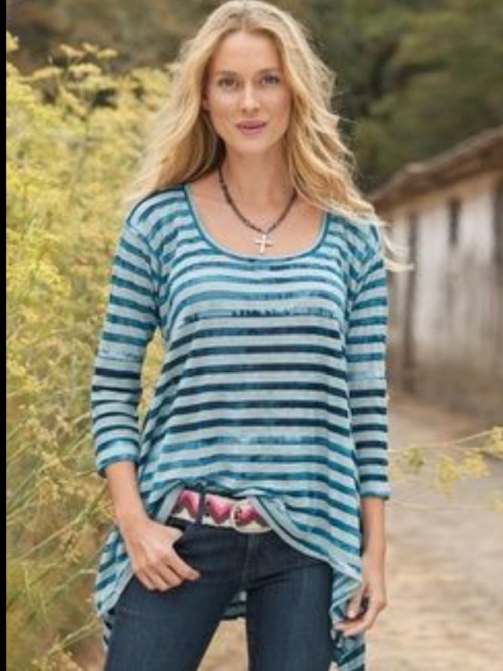 Sundance Mystic Tunic Top Size Medium Burnout Boho Beach Blue Striped Nautical